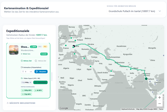 Die Expeditions-Route: Kinder laufen gemeinsam eine Strecke bis nach Myanmar